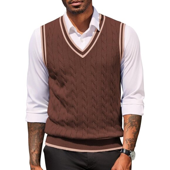 Coofandy Other - Coofandy Men Brown Fitted V Neck Sleeveless Knitted Pullovers Sweater Vest